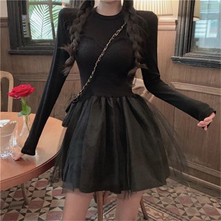 法式小眾網紗蓬蓬洋裝女氣質赫本風長袖氣質小黑裙