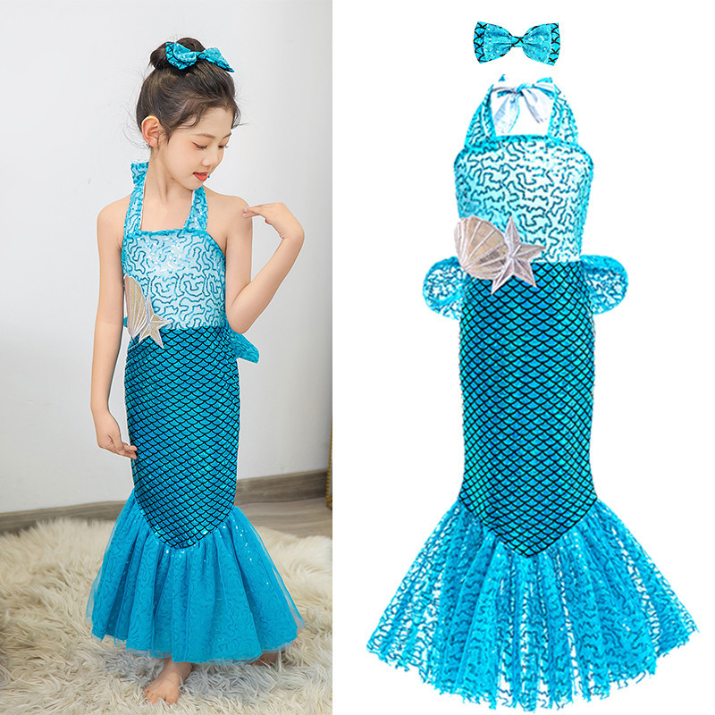 新款美人魚艾麗亮片公主裙女孩藍色吊帶美人魚裙萬聖節角色扮演嘉年華派對服裝