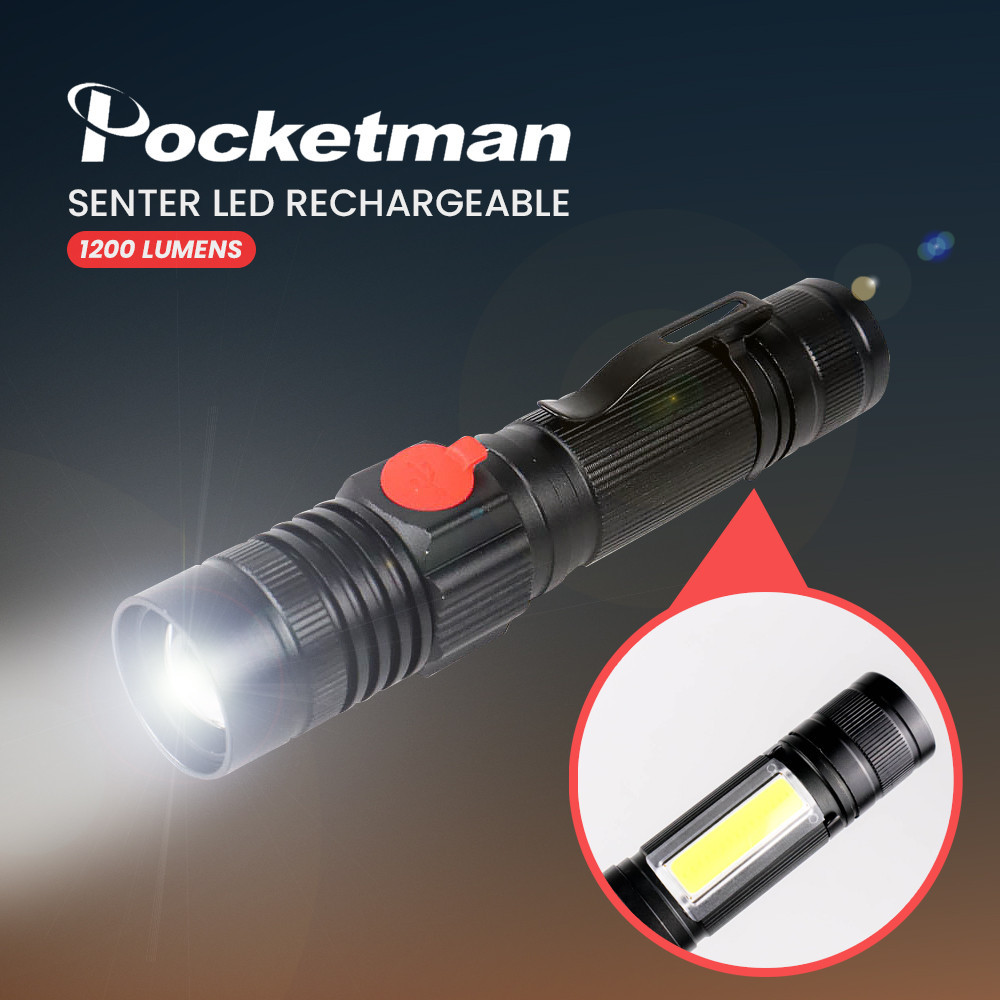 Pocketman 可充電 LED 手電筒 XML T6 COB 1200 流明 P2 黑色