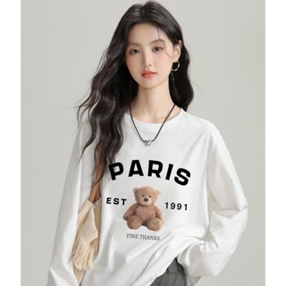 【臺灣出貨】 XH 210g 純棉長袖T恤 oversize寬鬆衛衣內搭打底衫女 2025春季上衣 圓領T恤 可愛動物