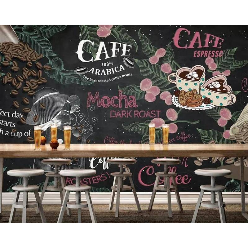 定制黑色背景手繪風格咖啡壁紙 3d 適用於咖啡廳餐廳咖啡店牆紙工業裝飾壁畫