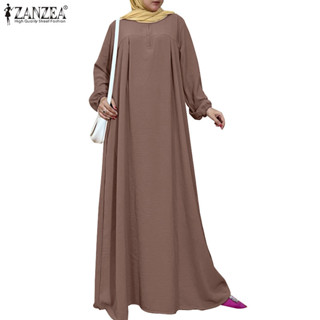 Zanzea 女士穆斯林日常隱形拉鍊長袖泡泡袖長連衣裙