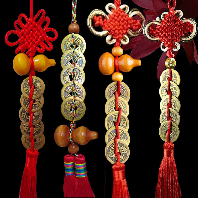 純銅五帝錢吊飾桃木葫蘆開口黃銅加厚五帝錢葫蘆中國結風水車掛飾