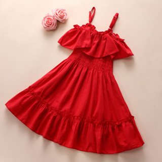 連衣裙兒童女孩 2-7 歲兒童女孩吊帶純色紅色長款時尚正式公主裙生日派對照片服裝