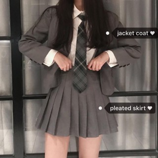 【三件式】韓國chic學生西裝灰色外套+白襯衫+百褶半身裙領帶套裝