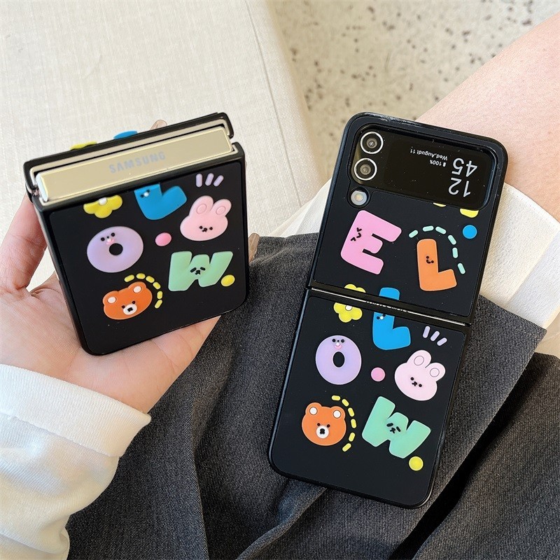 三星Galaxy Z Flip5時尚手機殼摺疊屏Z Flip3 Z flip4新品創意HELLO英文小熊兔子立體矽膠手機