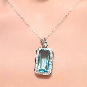 時尚海藍寶石吊墜 奢華方形藍鑽項鍊 優雅白鑽鎖骨鏈 高級珠寶