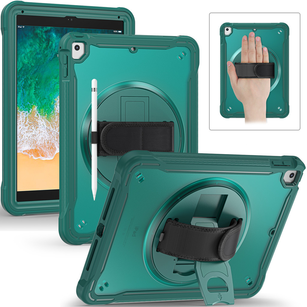 適用於 iPad 9.7 的重型堅固兒童保護殼、iPad Pro 9.7 2 層保護殼保護套帶肩帶和手帶內置旋轉支架支架