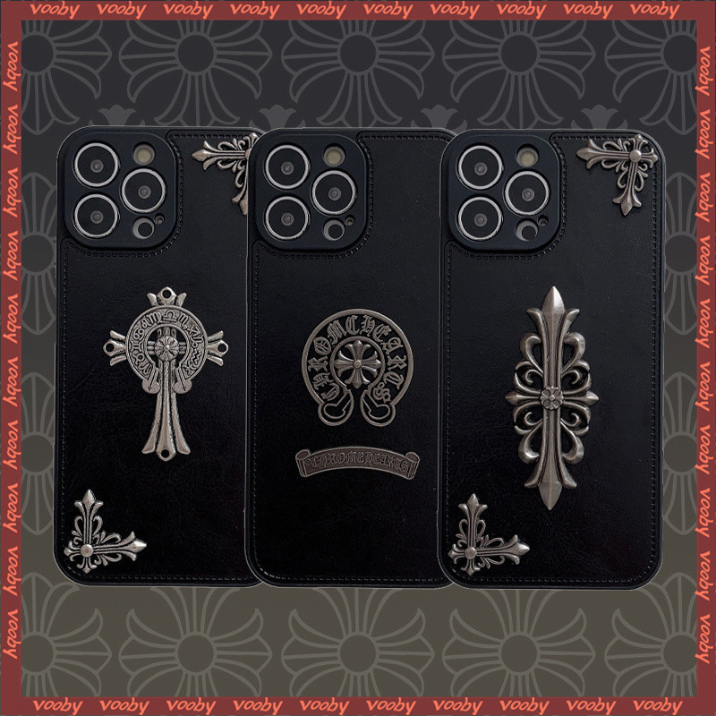 潮流時尚金屬擺件3款chrome Hearts 暗黑款皮質情侶手機殼適用於IPhone15 15Pro 15ProMax