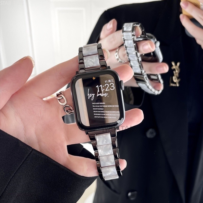高級感金屬配陶瓷小衆錶帶 春夏新款 適用於 Apple Watch 7代6代5代4 SE蘋果手錶錶帶 41mm 45mm