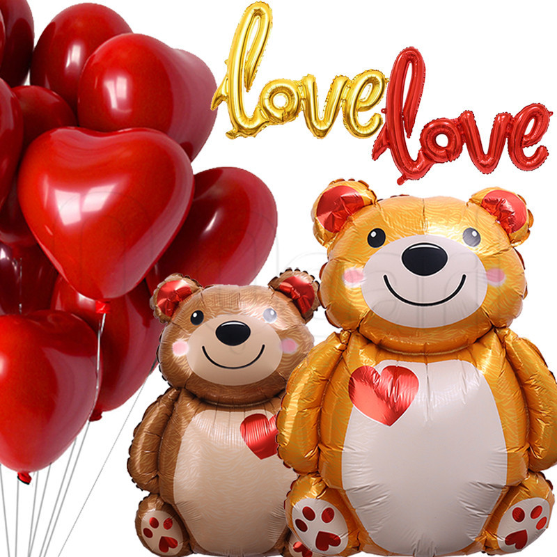 超大擁抱愛熊氣球 - 愛心氣球 - 用於情人節婚禮生日派對裝飾 - 充氣鋁膜氣球 - 大型站立泰迪熊氣球