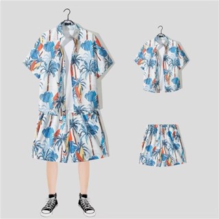 M-xxxl 中性夏季短袖度假套裝男士日式衝浪設計夏威夷裝領花襯衫和寬鬆休閒短褲白色沙灘套裝