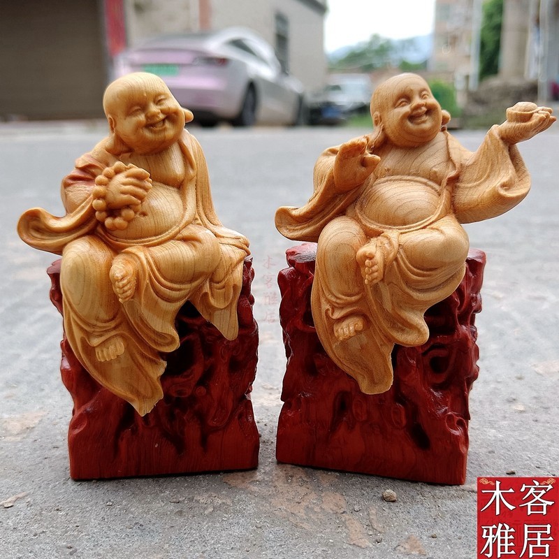 崖柏實木雕自在禪意彌勒佛擺件手把件文玩博古架裝飾品笑佛神像