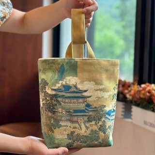 ❣️中國風仙山樓閣圖 復古帆布水桶包長方形手提布袋