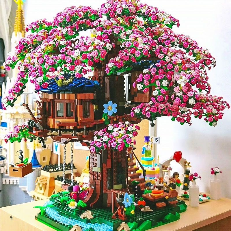 巨大型高難度玩具樹屋模型禮物拼裝櫻花積木男孩女孩兼容樂高擺件