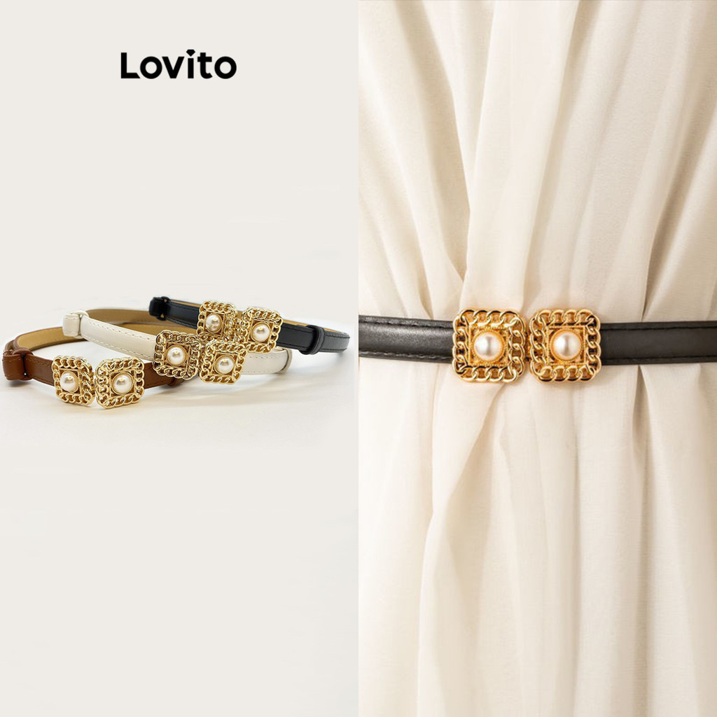 Lovito 女士休閒素色珍珠幾何腰帶 LFA21021