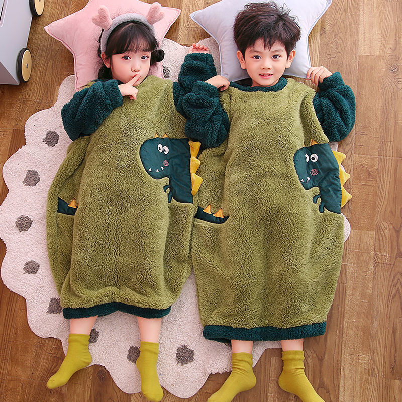 兒童連身睡衣法蘭絨秋冬季刷毛加厚防踢被寶寶睡袋卡通小孩家居服
