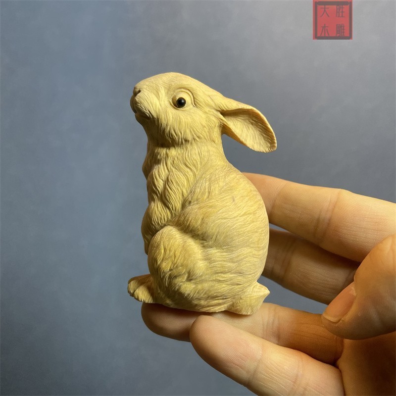 黃楊木雕可愛兔子小擺件實木雕刻生肖兔文玩手把件裝飾動物工藝品