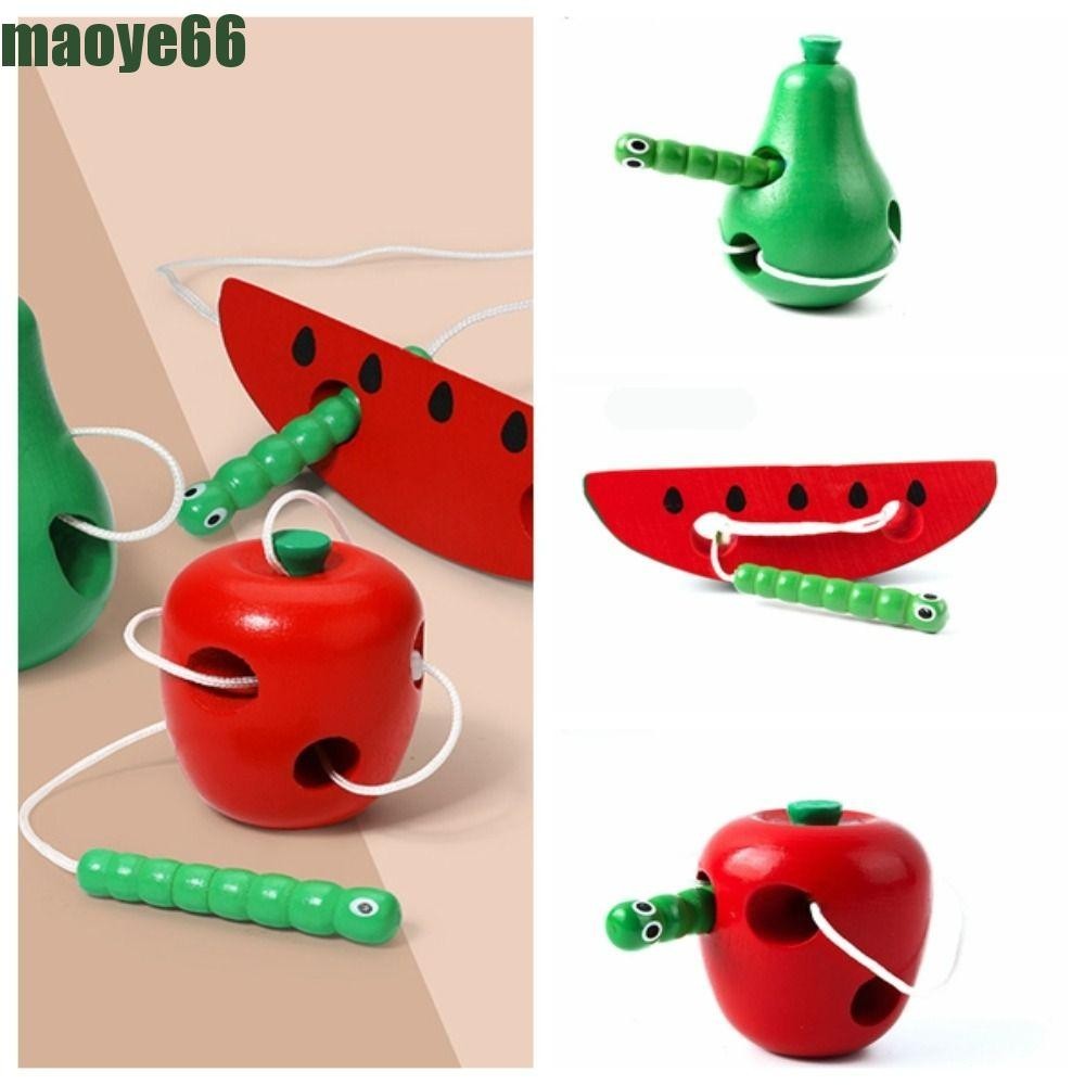 Maoye 蠕蟲吃水果益智玩具木製蠕蟲吃水果蒙台梭利感官木製玩具趣味梨益智感官梨趣味木製穿線玩具兒童兒童