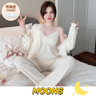 Moons⭐純欲性感棉質可拆式胸墊睡衣女套裝 長袖睡衣 吊帶睡衣 性感睡衣 女生睡衣 三件組睡衣 胸墊睡衣 韓國家居服