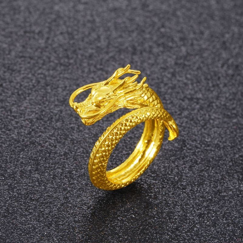 黃銅鍍金時尚新款男式氣質盤龍戒指開口可調整沙金戒指飾品不掉色