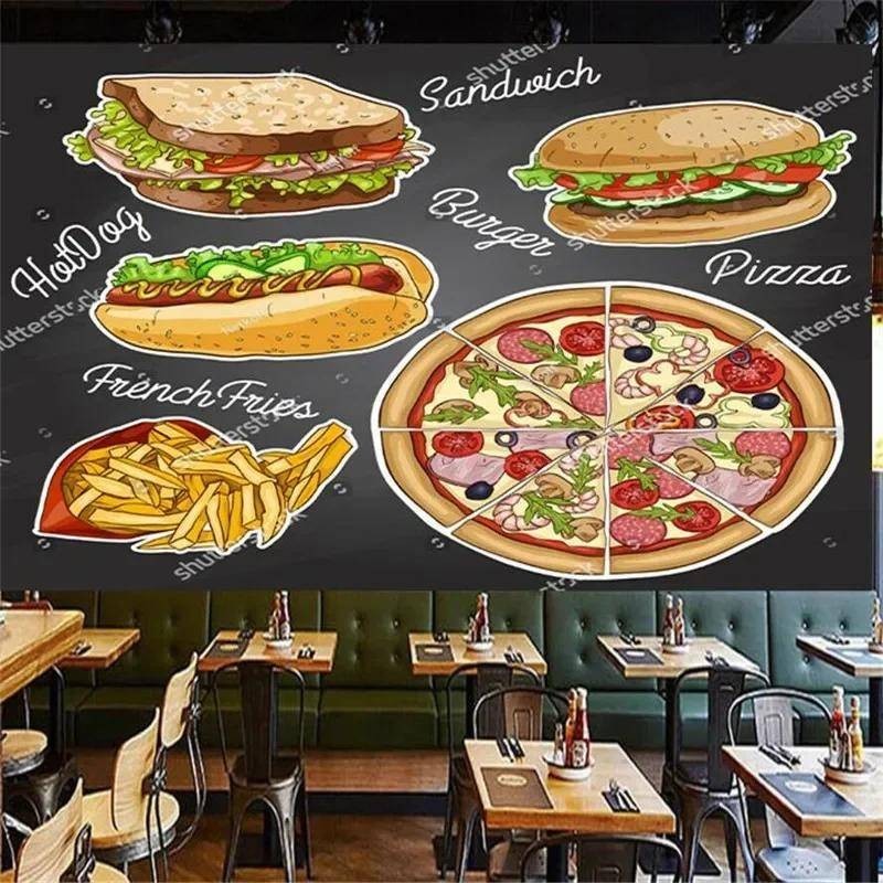定制壁紙貼紙,手繪披薩漢堡快餐店工業3d壁畫壁紙裝飾小吃店壁紙