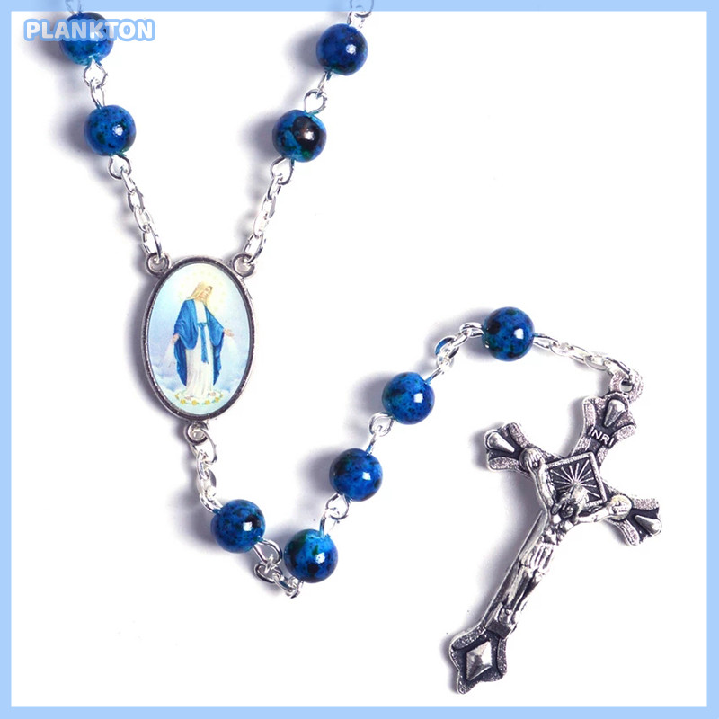 【P】天主教念珠小號圓形藍色玻璃珠聖母瑪利亞耶穌項鍊全新