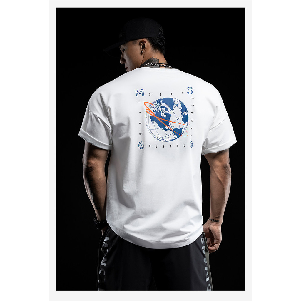 潮款Monster Guardians寬鬆健身訓練擼鐵T恤男夏季圓領休閒純棉印花透氣短袖0224