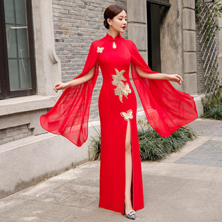 紅色走秀旗袍2024中國風表演服年輕款氣質優雅舞臺長款魚尾禮服女