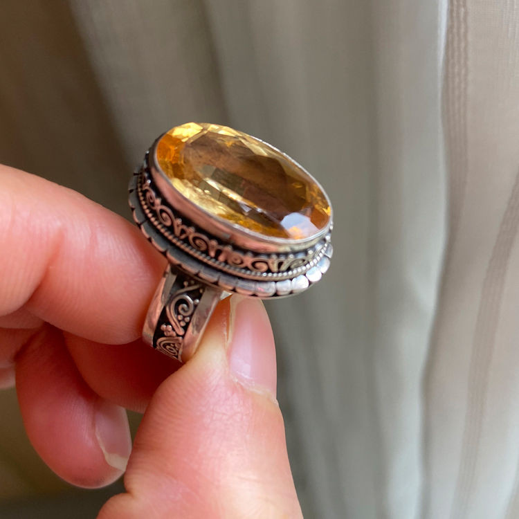 印度手工飾品復古純銀鑲天然黃水晶戒指女大寶石食指戒指高檔時尚