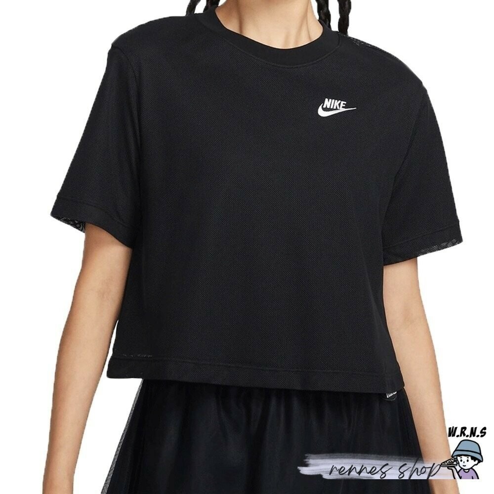 Nike 女裝 短袖上衣 短版 雙層網狀 刺繡 黑 FB8353-010