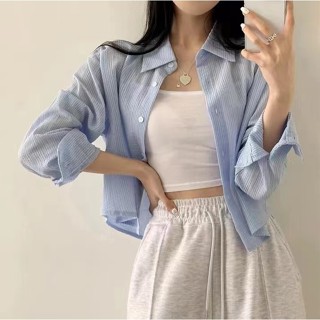 Balamy 韓國chic藍色小條紋襯衫女設計感小眾新款長袖防曬襯衫