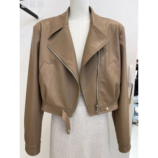 ✨碧麗斯✨ 美式復古棕色pu皮外套女短版2024春季翻領機車夾克上衣小個子皮衣