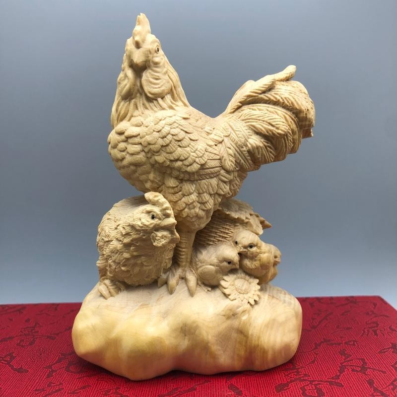 小葉黃楊木雕刻生肖雞公雞母雞全家福實木手把件家居客廳桌面擺件