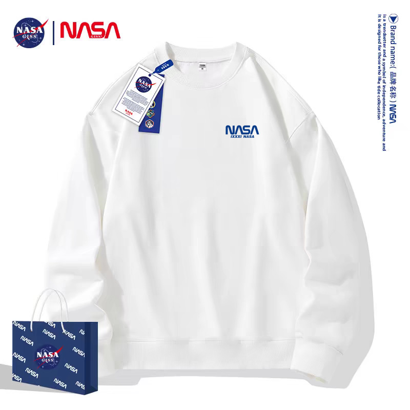 NASA聯名春秋大學T圓領重磅新款寬鬆大尺碼長袖美式運動外套男女上衣NASA Co branded Spring and
