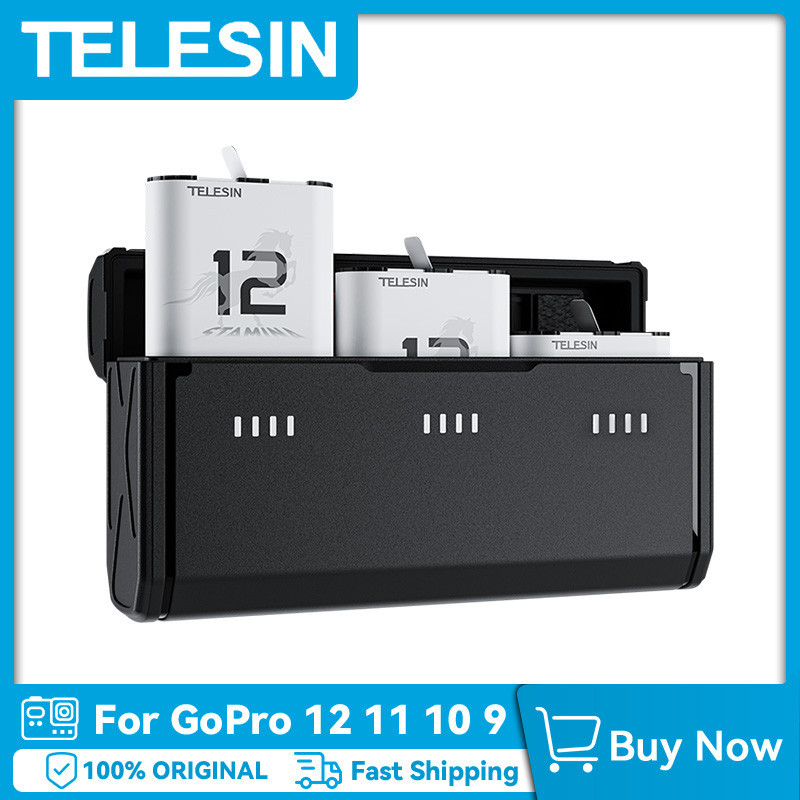 Telesin Gopro hero 12/11/10/9 耐力電池帶口袋 3 槽充電器套裝充電盒 TF 卡存儲