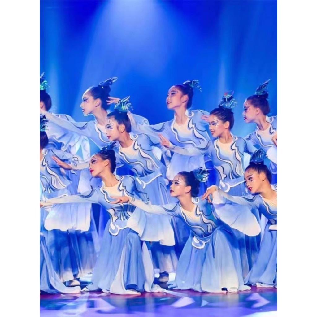 象山水月表演服古典舞舞蹈服廣場舞跳舞服裝兒童藍色大擺裙表演服