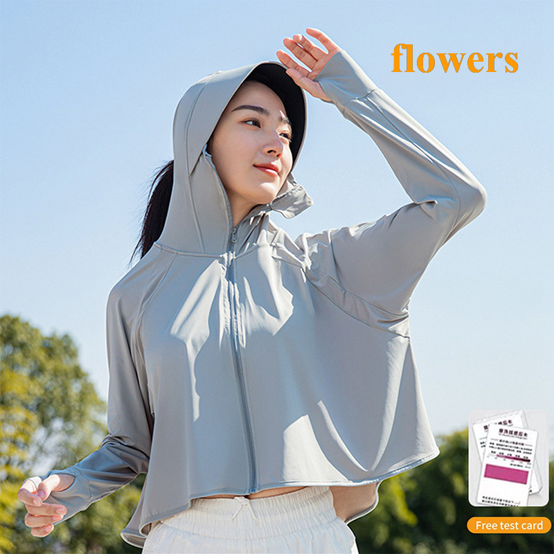 Flowers 女式 UPF 50+ 冷卻紫外線防護服連帽防曬夾克長袖透氣防曬薄外套適合夏季戶外