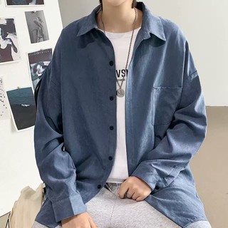 【HOT 本舖】男裝 長袖襯衫男韓版潮流秋季新款襯衣ins寬鬆潮牌百搭純色薄款外套