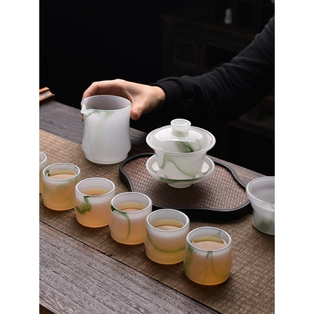 琉璃白玉茶具套裝水墨玉瓷茶具套裝蓋碗公道杯功夫茶杯石琉璃高級