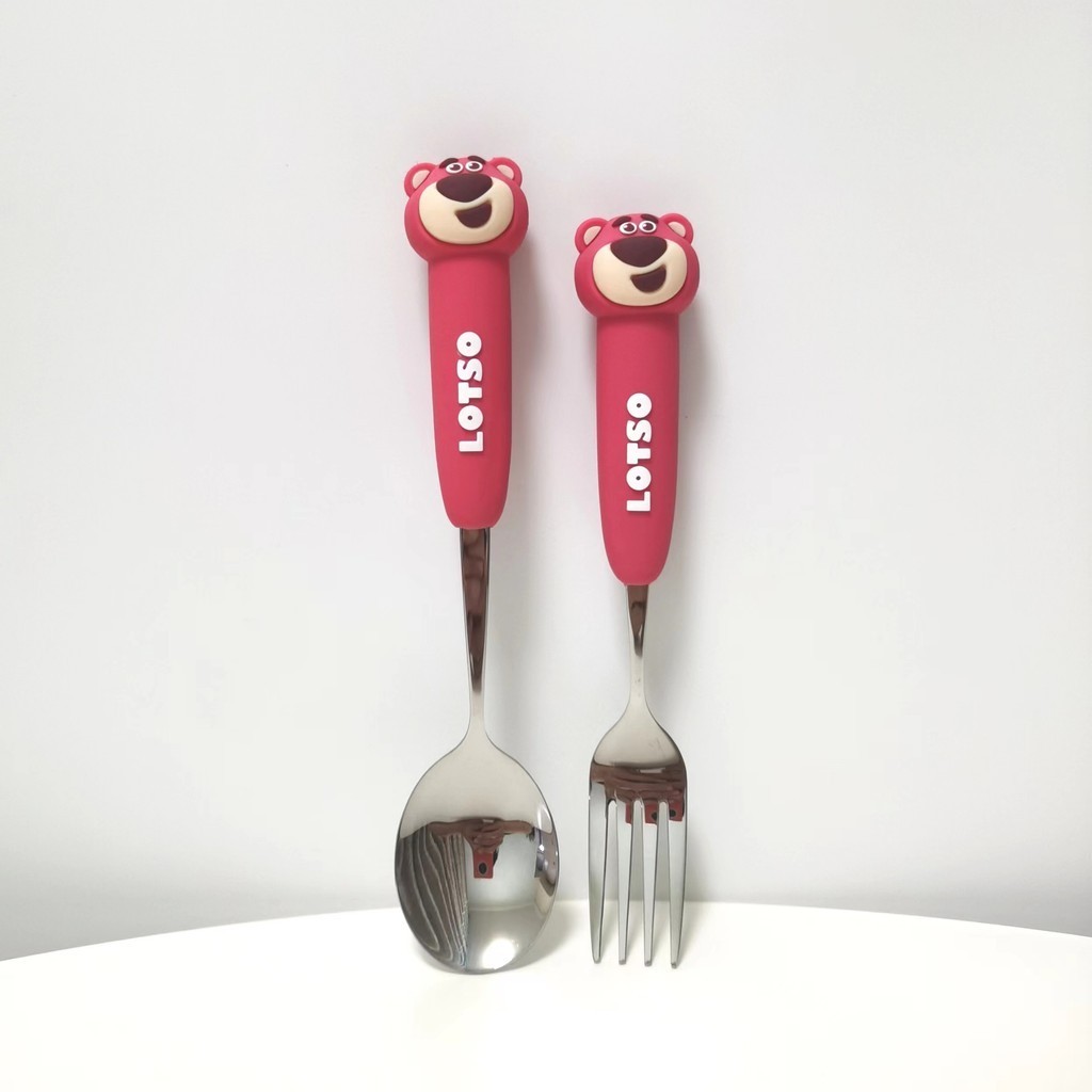 草莓熊304不鏽鋼叉勺套裝 可愛卡通矽膠手柄不鏽鋼飯勺 湯勺 水果叉子 便攜餐具