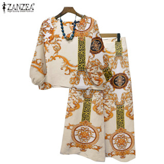 Zanzea 女士復古日常燈籠袖袖口鬆緊印花上衣和長褲