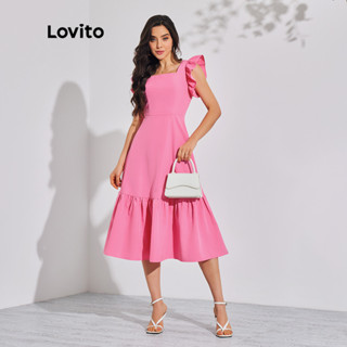 Lovito 女款優雅素色荷葉邊荷葉邊下擺連身裙 LBL08138