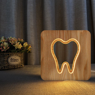 牙齒造型木頭檯燈創意居家禮品USB夜燈