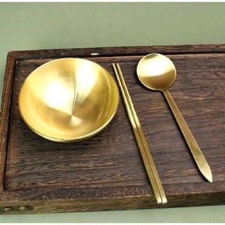 純黃銅餐具 加厚碗筷勺叉套裝 家用防燙 黃銅飯碗 工藝品 結婚禮物 金黃銅飯碗 廚房用具 臺灣出貨 附發票