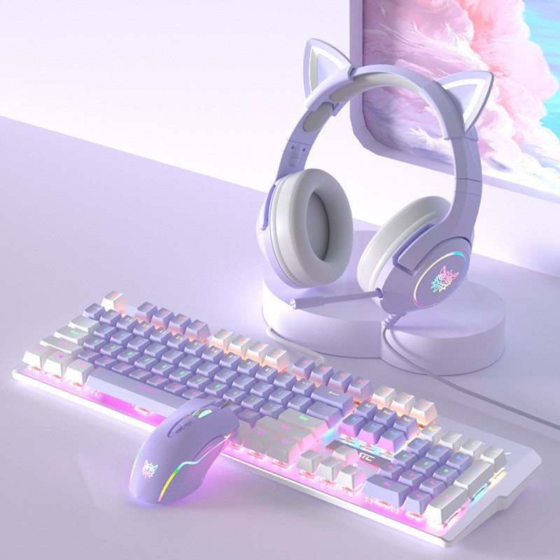 台灣出貨 夢幻紫色機械鍵盤滑鼠組 22種燈光特效 人體工學設計 自定義呼吸燈 遊戲鍵盤 女生鍵盤 電競遊戲 青軸 紅軸