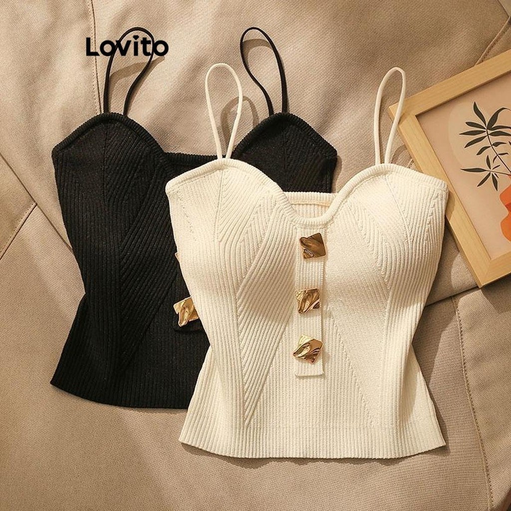 Lovito 女款休閒素色鈕扣金屬圓形背心 LNL38050 (白色/黑色)