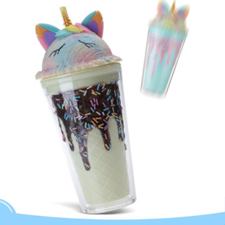 冰淇淋杯450ml雙層塑料杯配可愛獨角獸圖案吸管