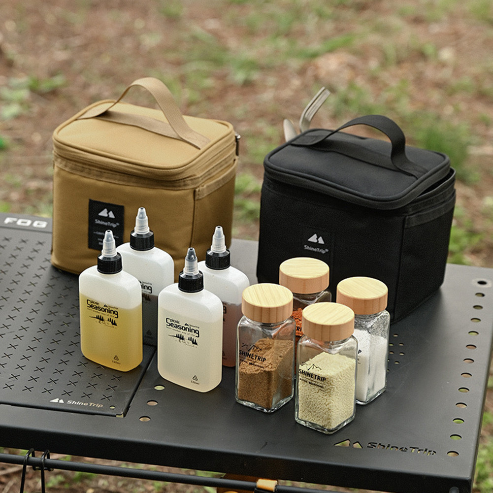 Shinetrip 戶外野營香料瓶套裝野餐調味盒油瓶分配器罐竹木蓋密封香料罐