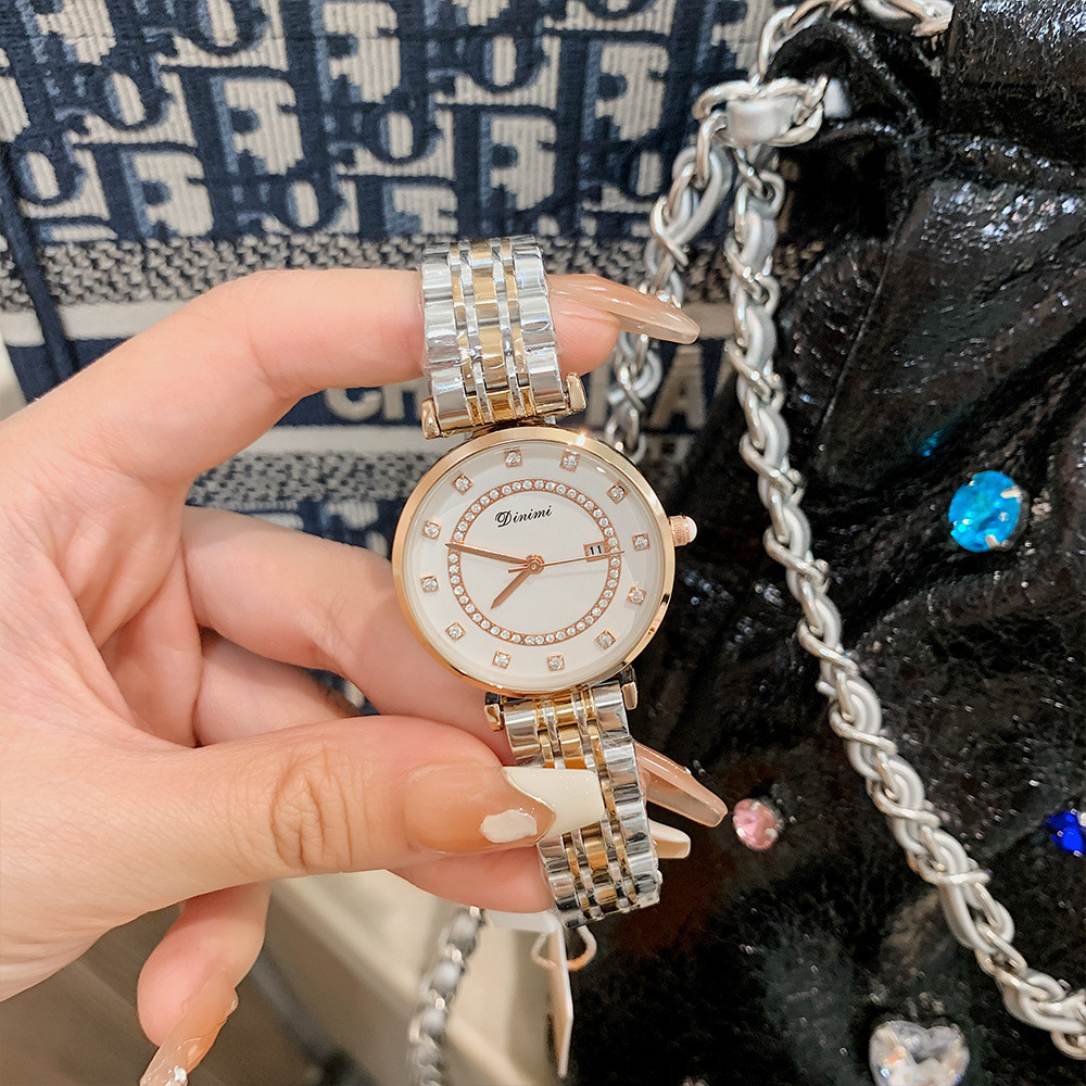 Dimini時尚鋼帶鑲鑽女士石英手錶  氣質簡約輕奢帶日曆圓盤腕錶女 77058